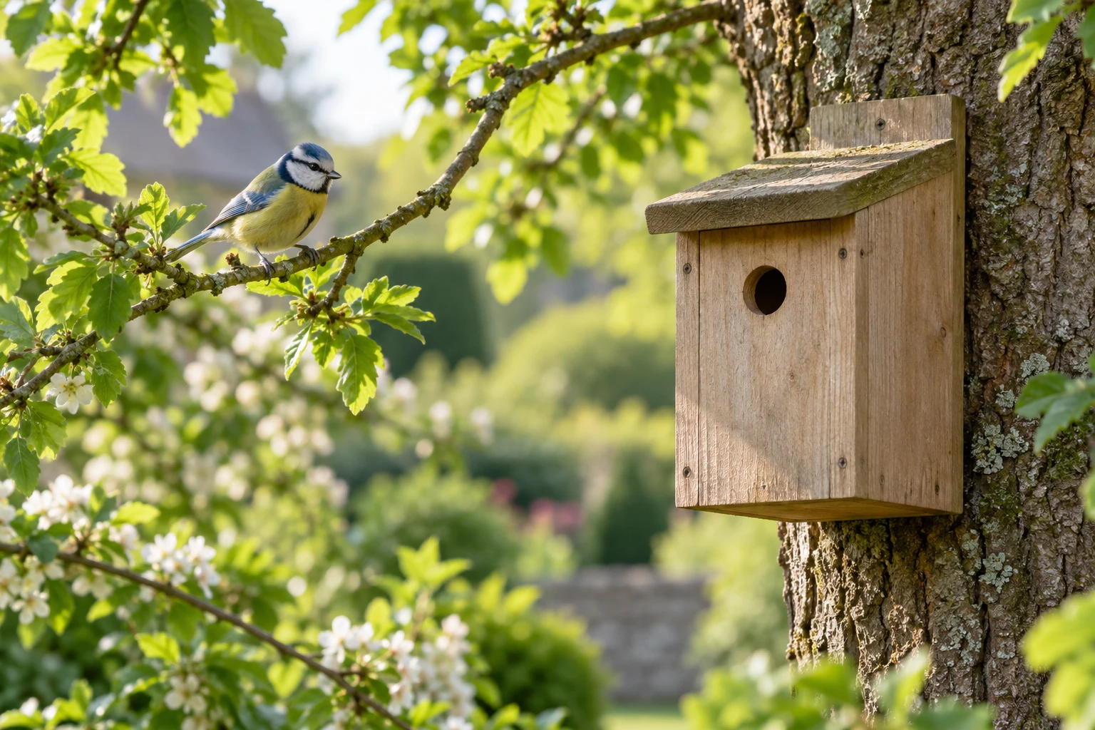 A generated illustration of a wooden nest box in a garden